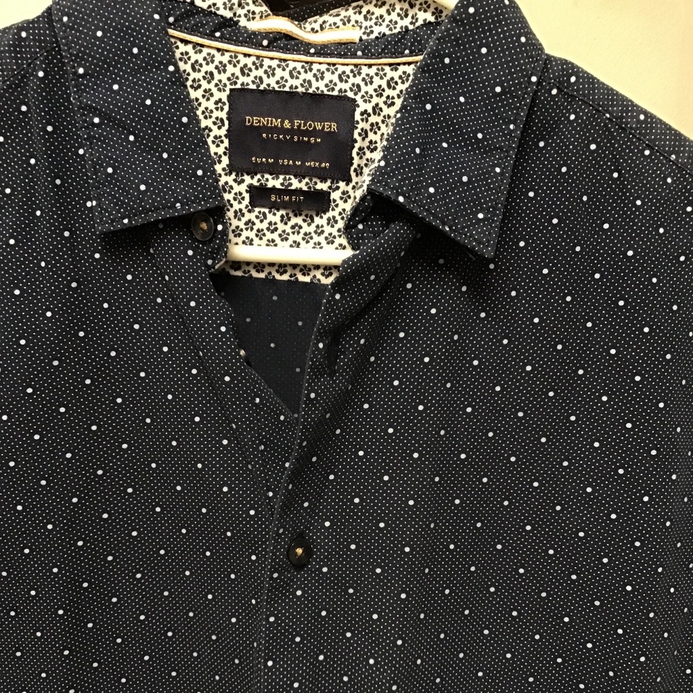 Denim & Flower Navy Polka Dot Slim Fit Button Down Shirt Mens Medium